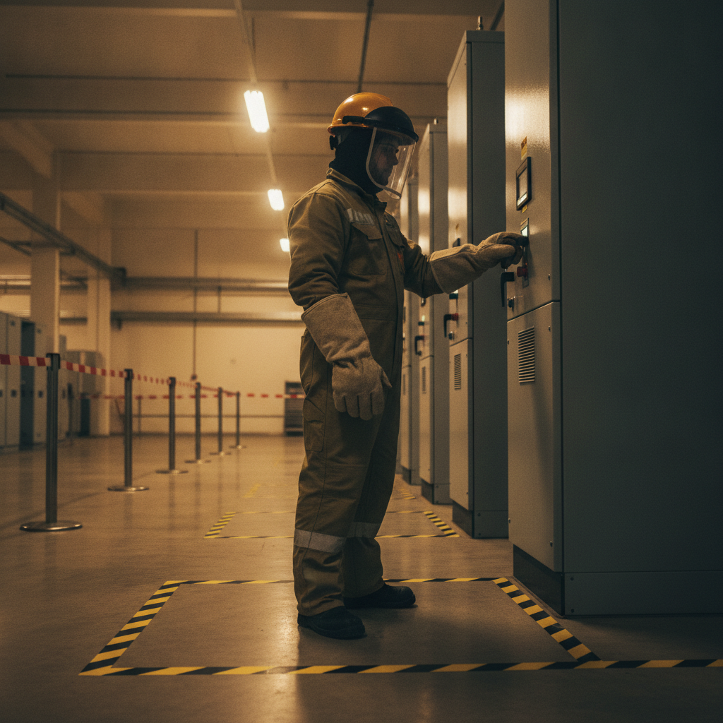 Technician in PPE inspecting indoor switchgear; visual shows the environment where voltage signs and boundaries guide safe approach