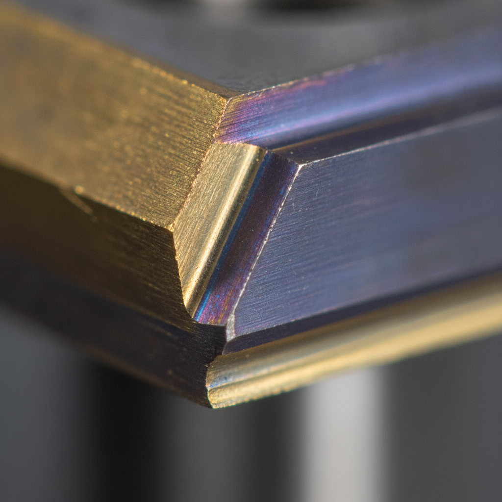 Macro close-up of a carbide insert with multilayer PVD coating showing TiN and TiAlN interference colors, illustrating PVD deposition quality for cutting tools