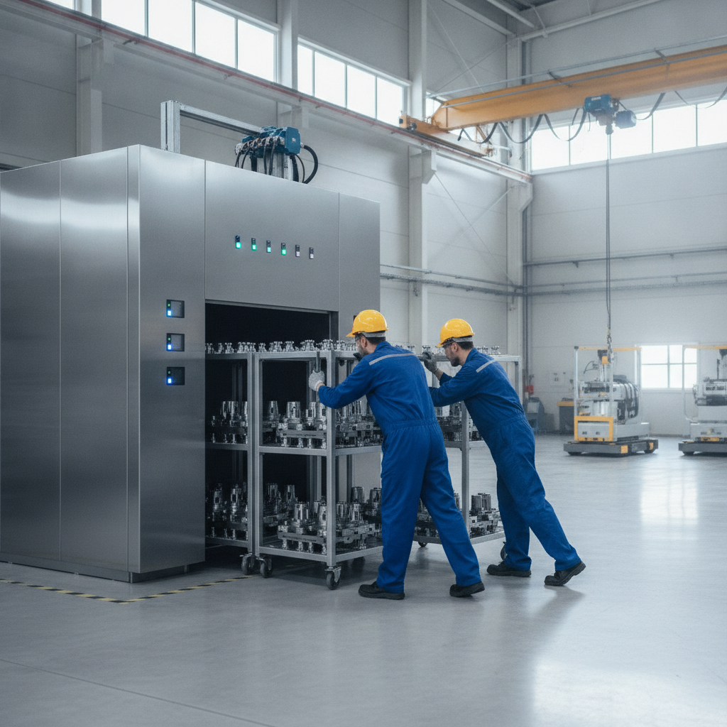 Technicians loading a large PVD coating machine in a modern factory, illustrating batch capacity and fixturing strategy for PVD deposition in Woodbridge