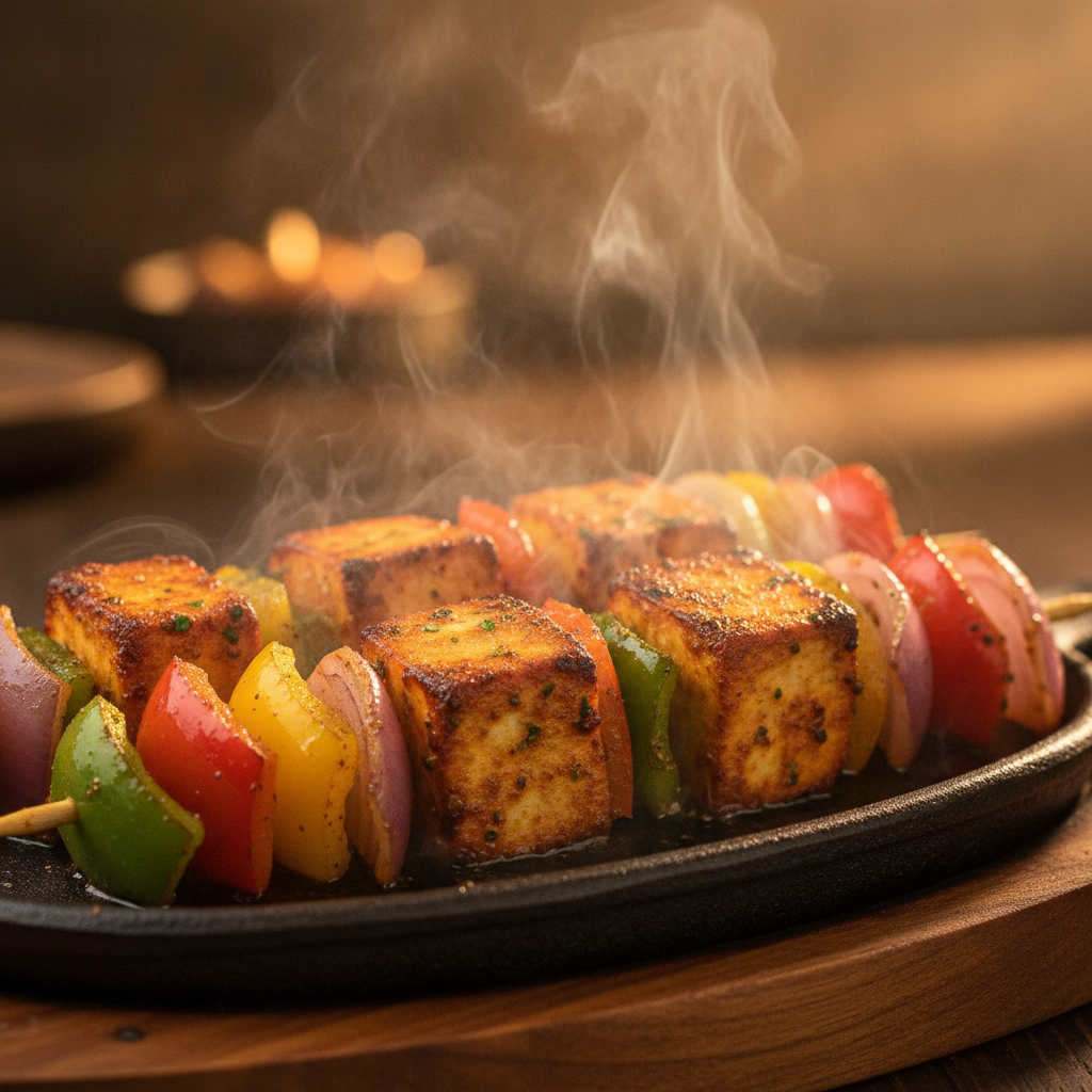 Paneer shashlik sizzler close-up showing local-friendly Indian fusion hero dish