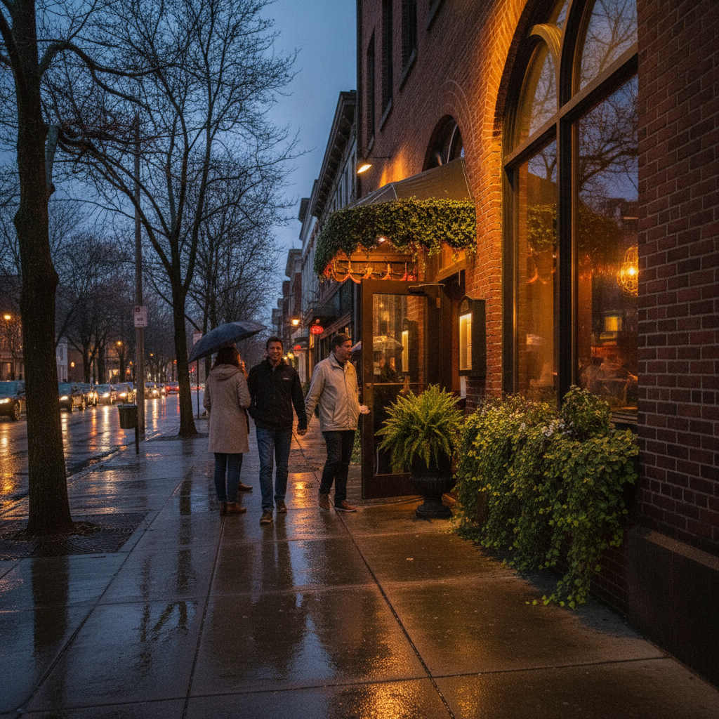Neighborhood restaurant storefront in Cherry Hill at evening, signaling local franchise presence