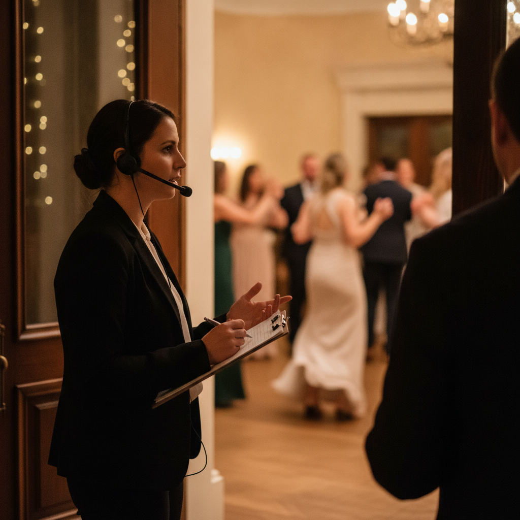 Reception planner coordinating vendors with headset and clipboard during wedding reception run of show