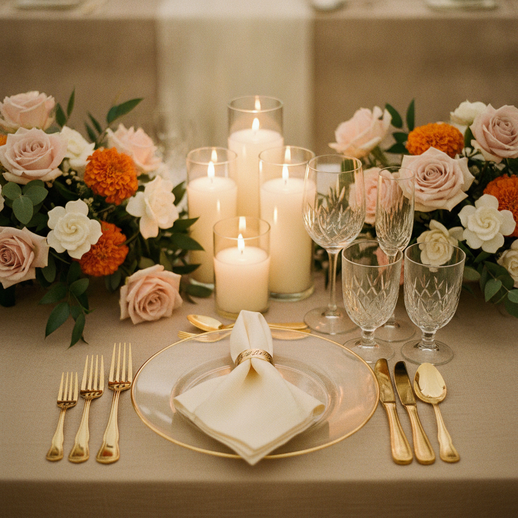 Close-up reception tablescape with gold flatware, crystal glassware, and floral centerpiece for wedding planner timeline
