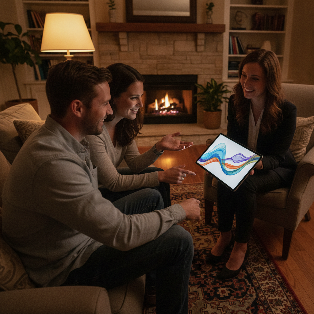 People reviewing a tablet with charts during a home mortgage lender consultation, focusing on picking the best-fit lender type