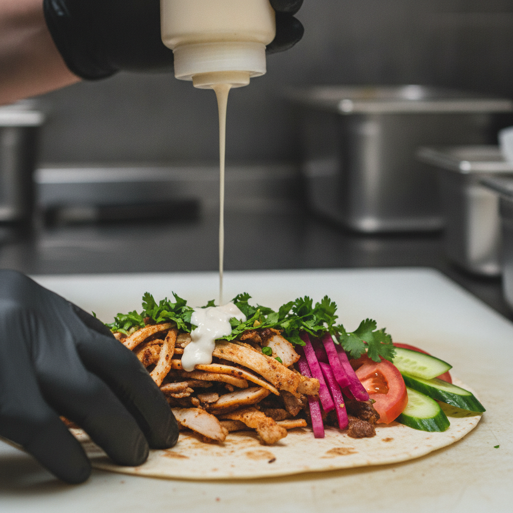 Close-up of a Turkish shawarma wrap being assembled for office lunch catering with fresh vegetables and tahini