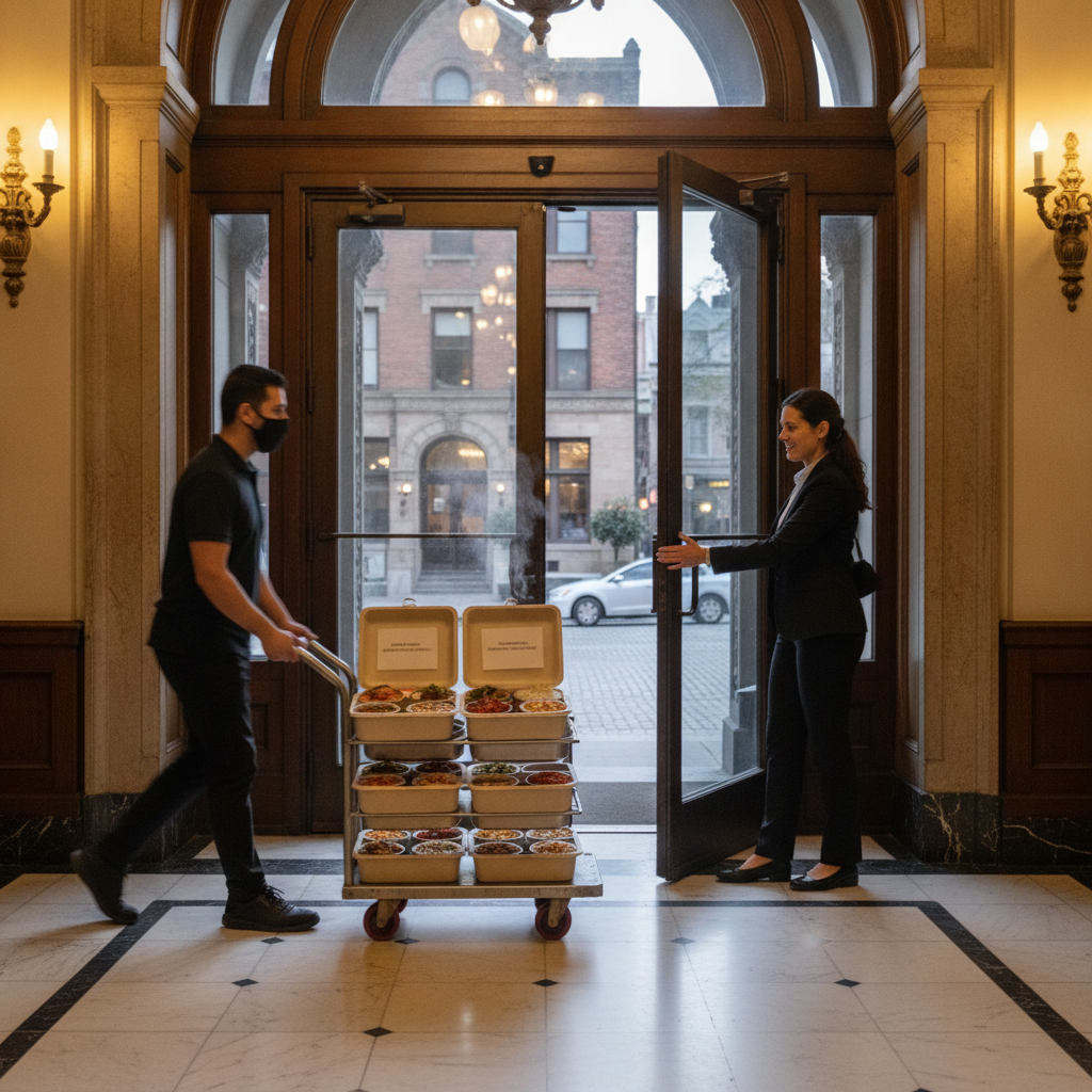 Eco-friendly Turkish catering trays being delivered to an Old Toronto office lobby for a team lunch
