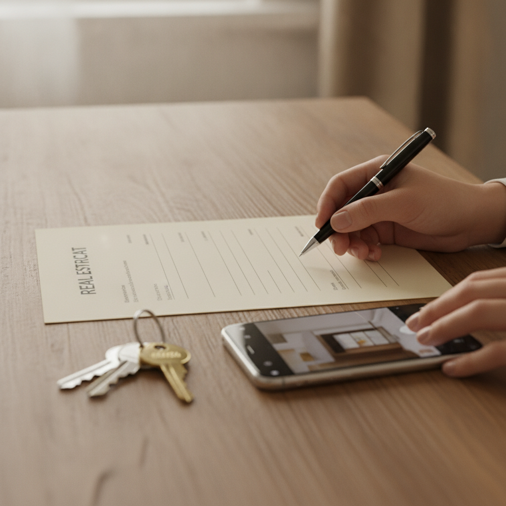 Close-up of contracts, keys, and phone while preparing a listing to reduce realtor selling fees