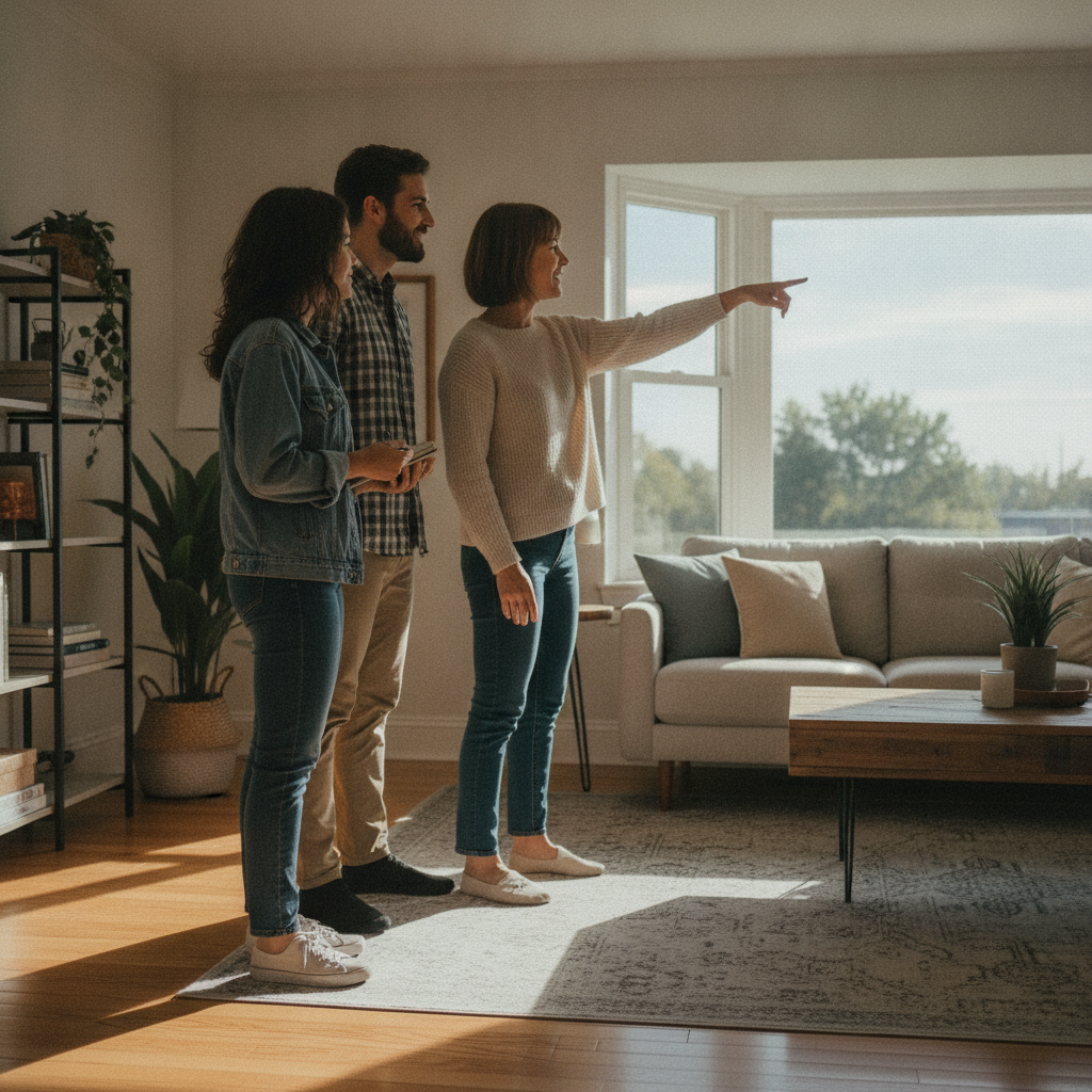 Prospective buyers touring a living room during a scheduled viewing arranged through Houseup