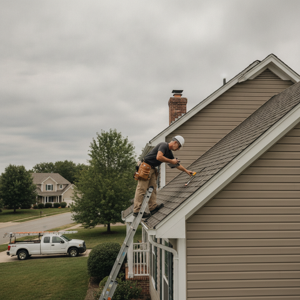 Roof inspection scene with inspector on ladder examining shingles and flashing during a building inspection