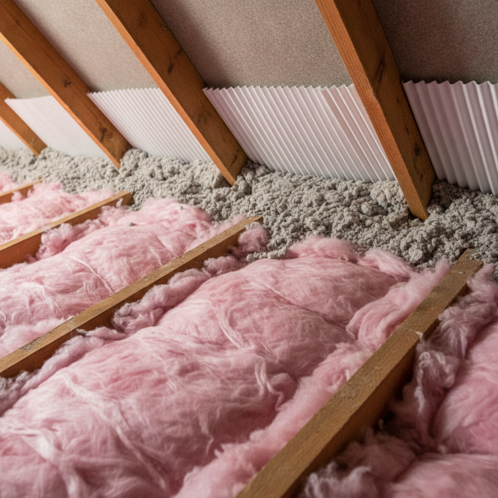 Attic inspection close-up showing ventilation baffles and insulation during a building inspection