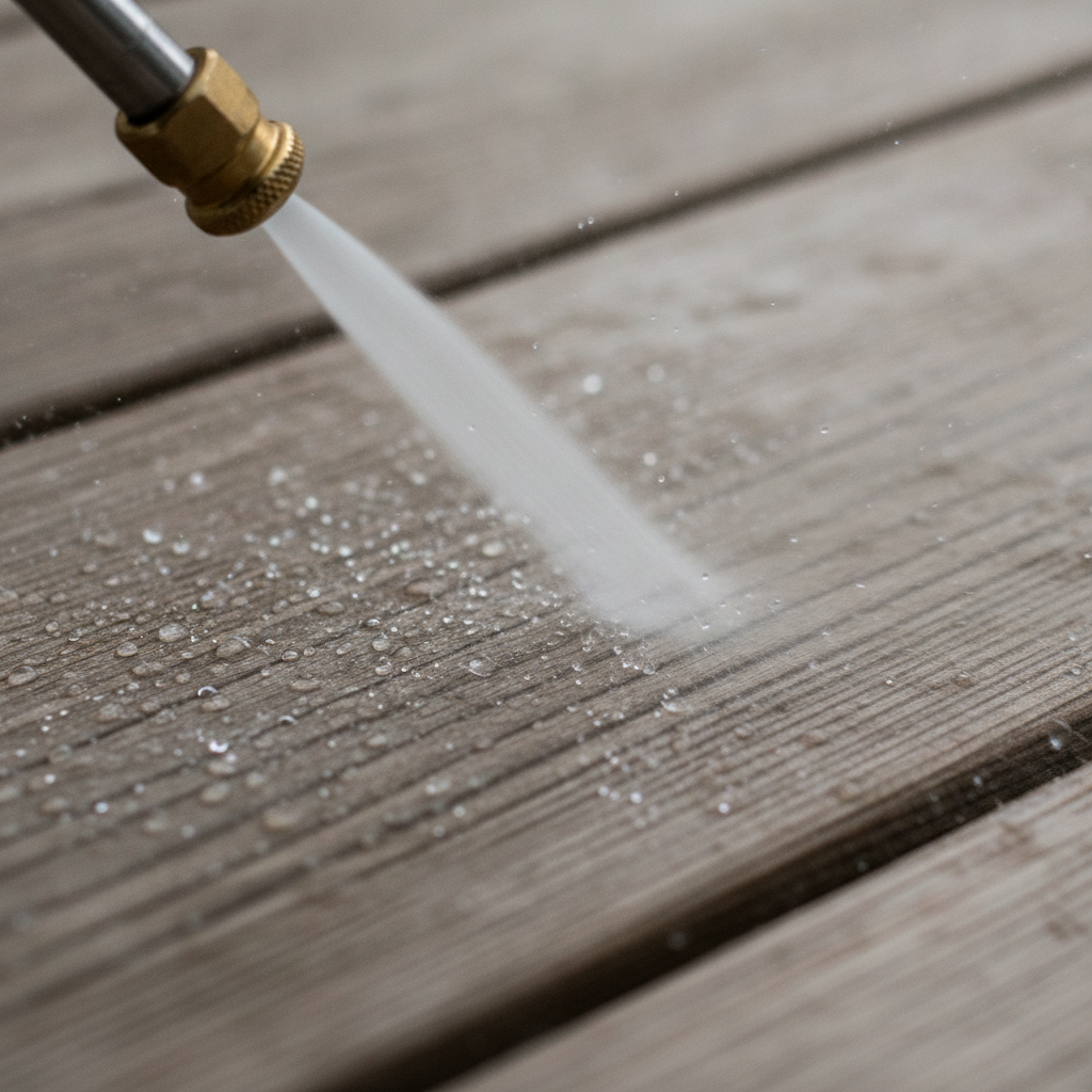 Close-up of a 40-degree pressure washer nozzle softly rinsing a wood deck board before deck sanding and staining