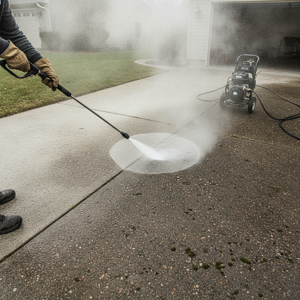 Side-angle power washing of a concrete driveway with visible hot-water steam and a clear half-cleaned contrast line