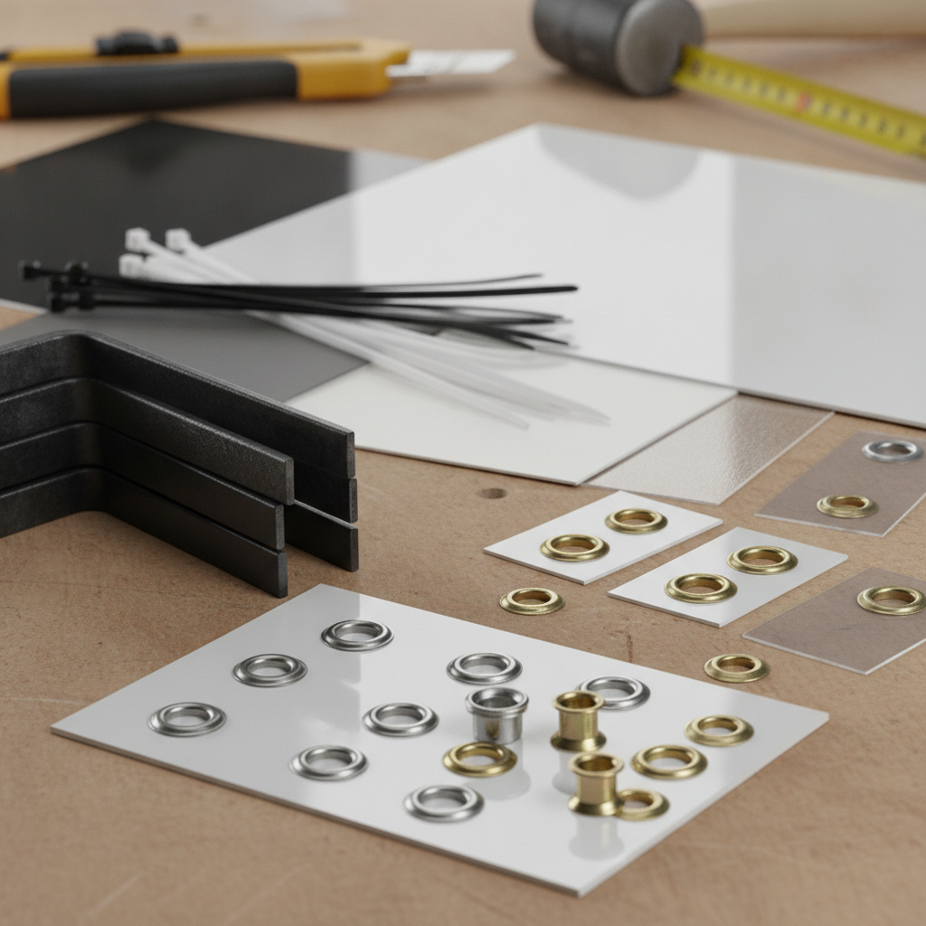 Close-up of realtor sign hardware, grommets, H-stakes, and vinyl swatches for ordering real estate signs