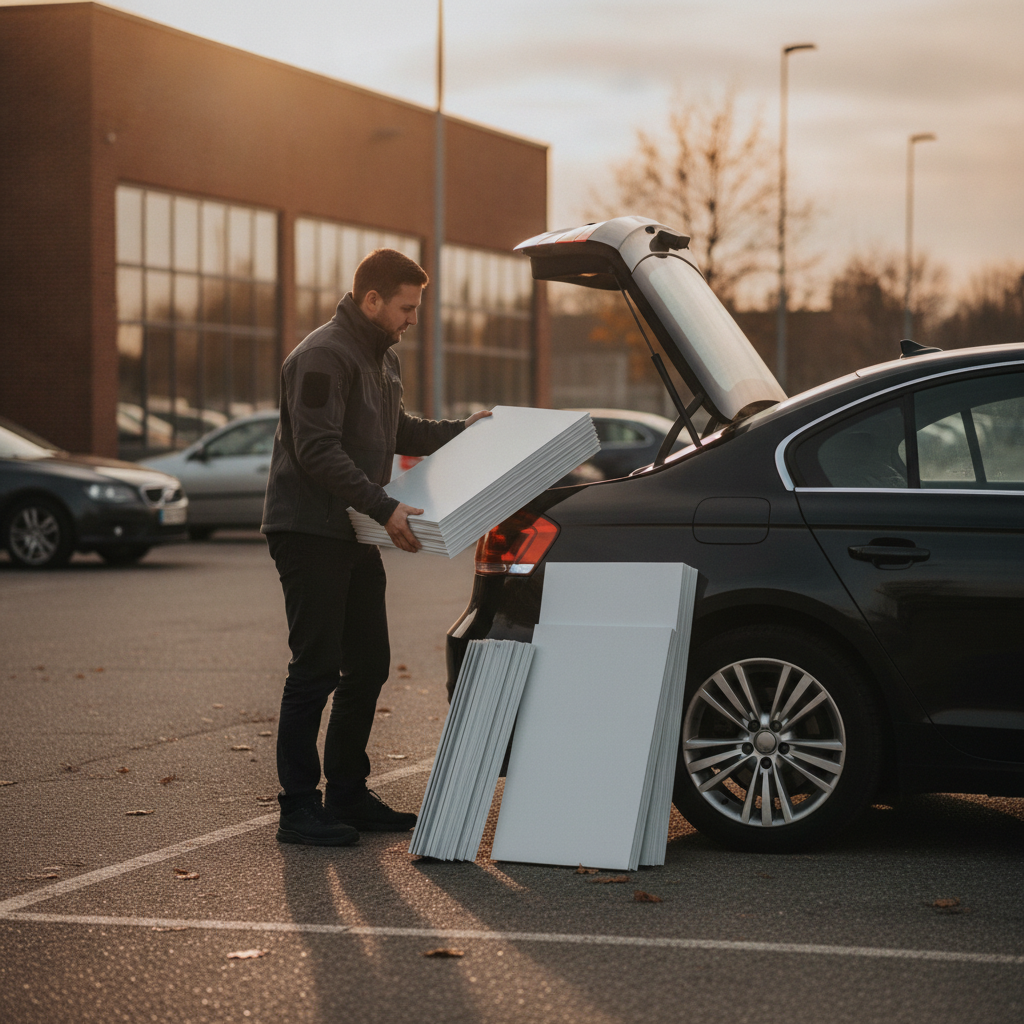 Agent loading blank aluminum and corrugated real estate sign panels into a vehicle after same-day pickup in Mississauga