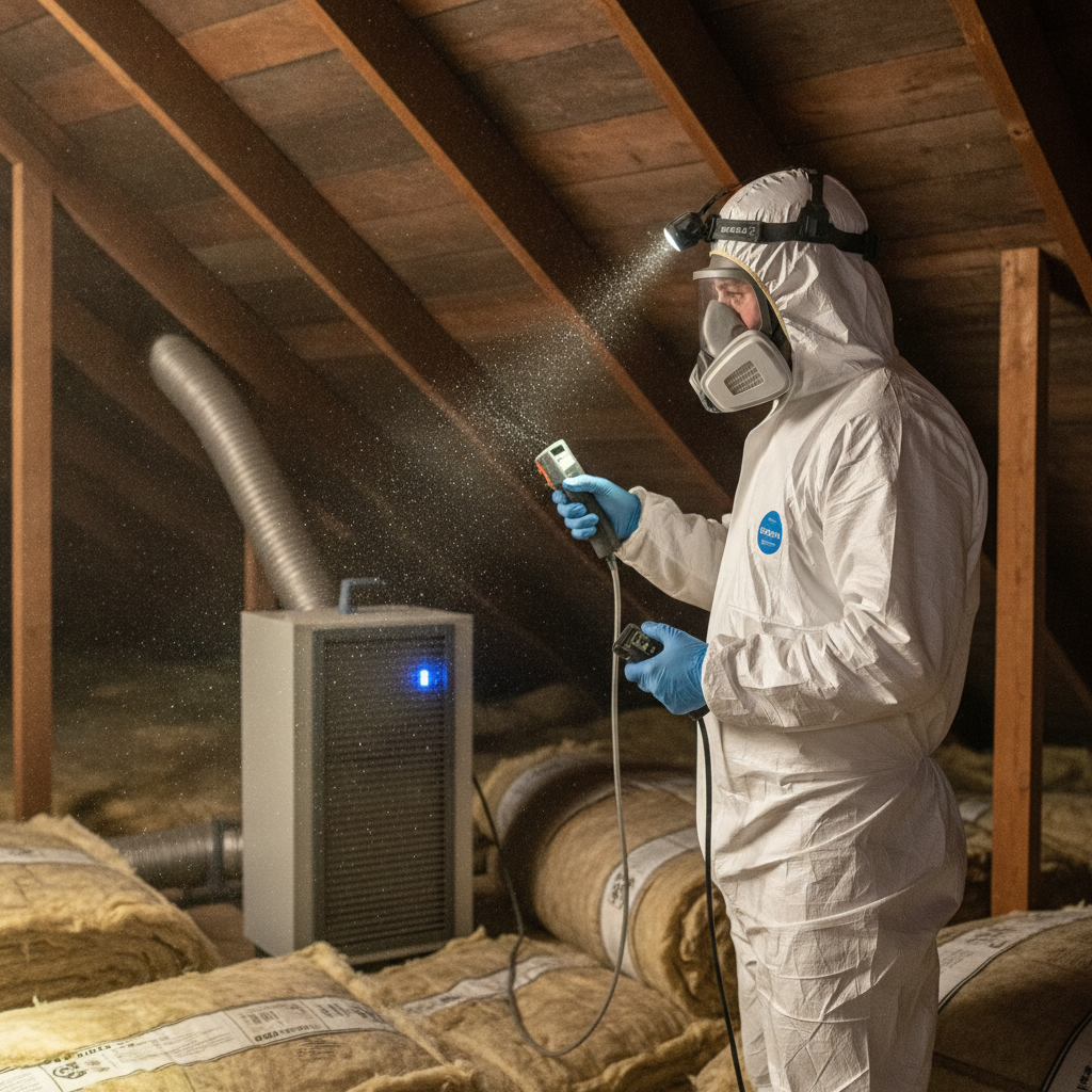 Technician in attic taking professional mold testing air sample near roof sheathing in Scarborough