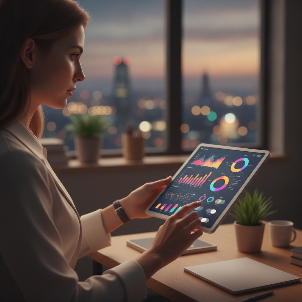 Side-angle view of a marketer reviewing email automation analytics on a tablet in a modern office