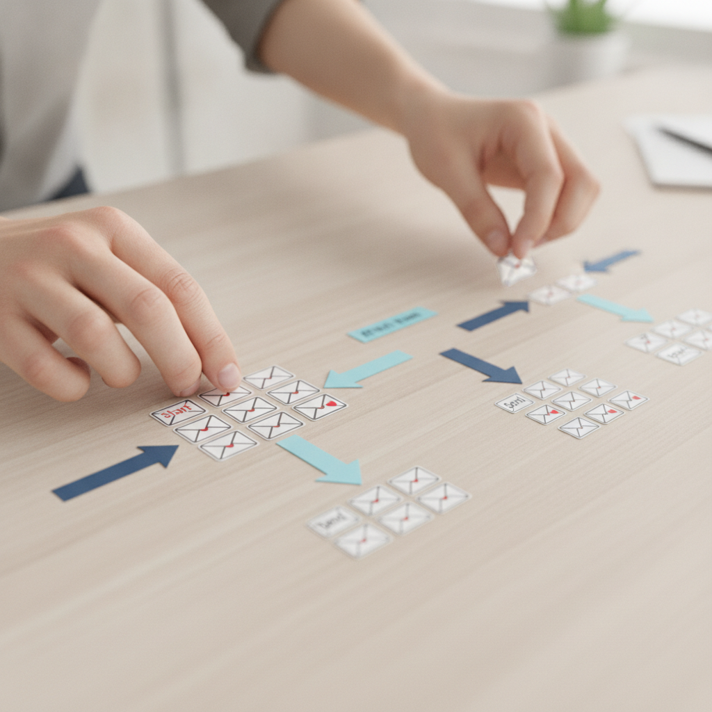 Close-up showing an email marketing automation workflow path with envelope icons arranged as steps for lead nurturing
