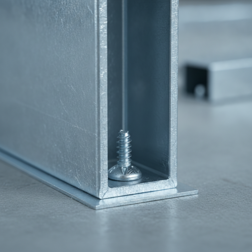 Close-up of galvanized light gauge steel stud seated in floor track with self-tapping screw for metal framing