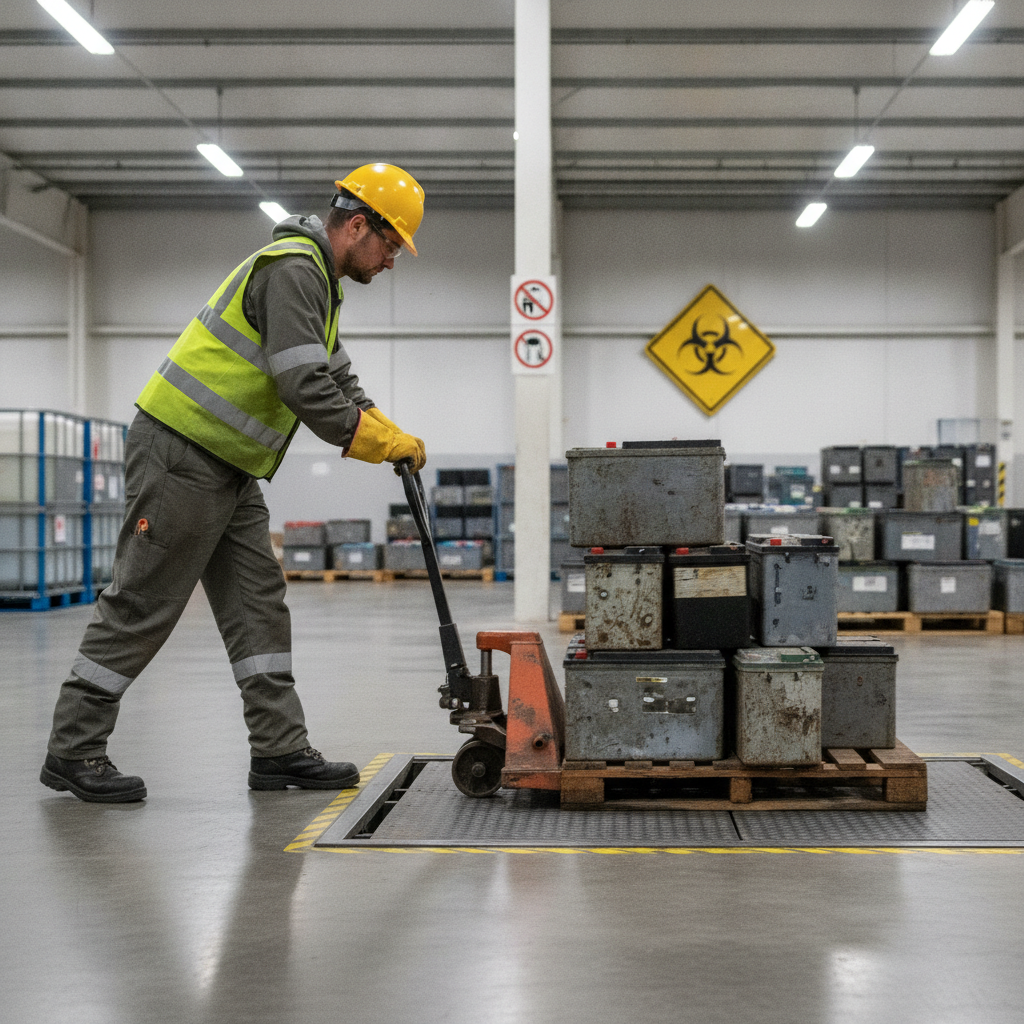 Worker moving pallets of used car batteries onto a floor scale at an Etobicoke recycling facility
