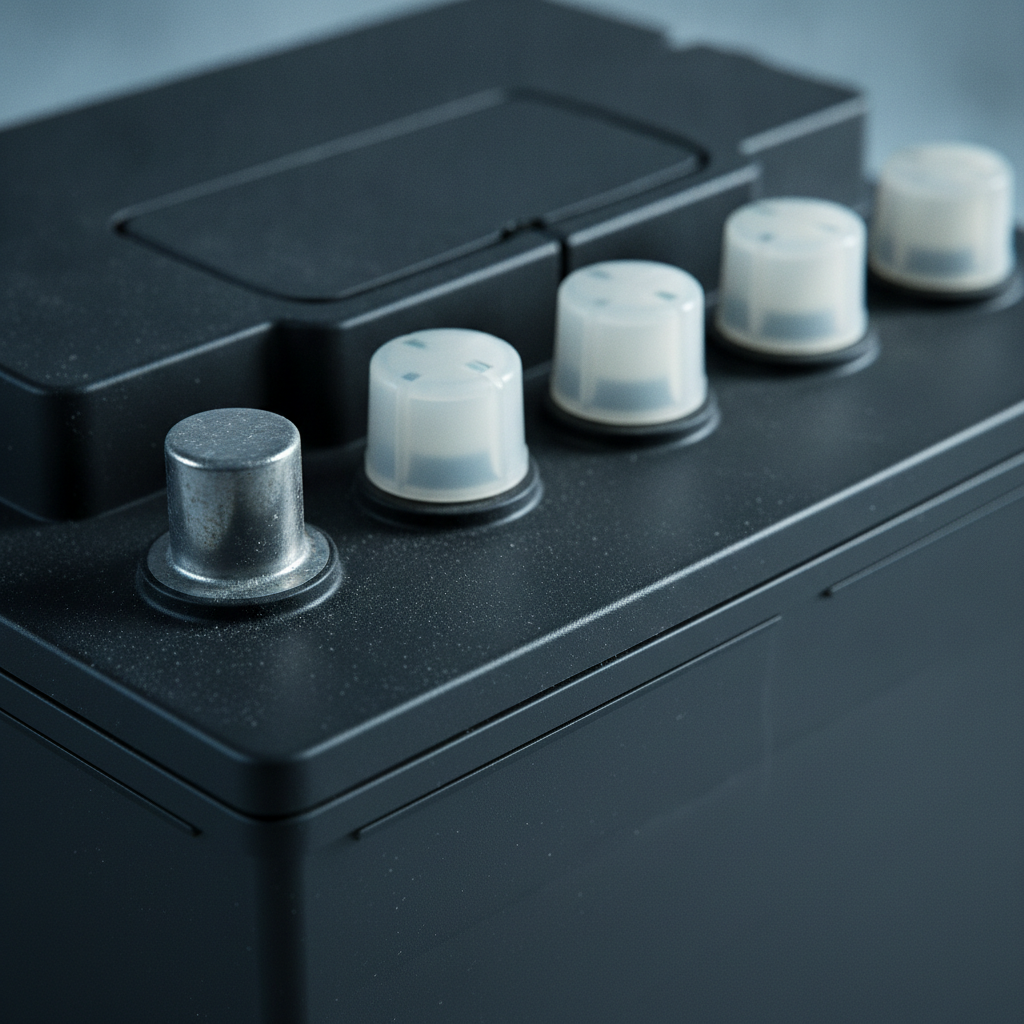 Close-up of a lead-acid car battery top showing terminals and caps prepared for scrap battery recycling