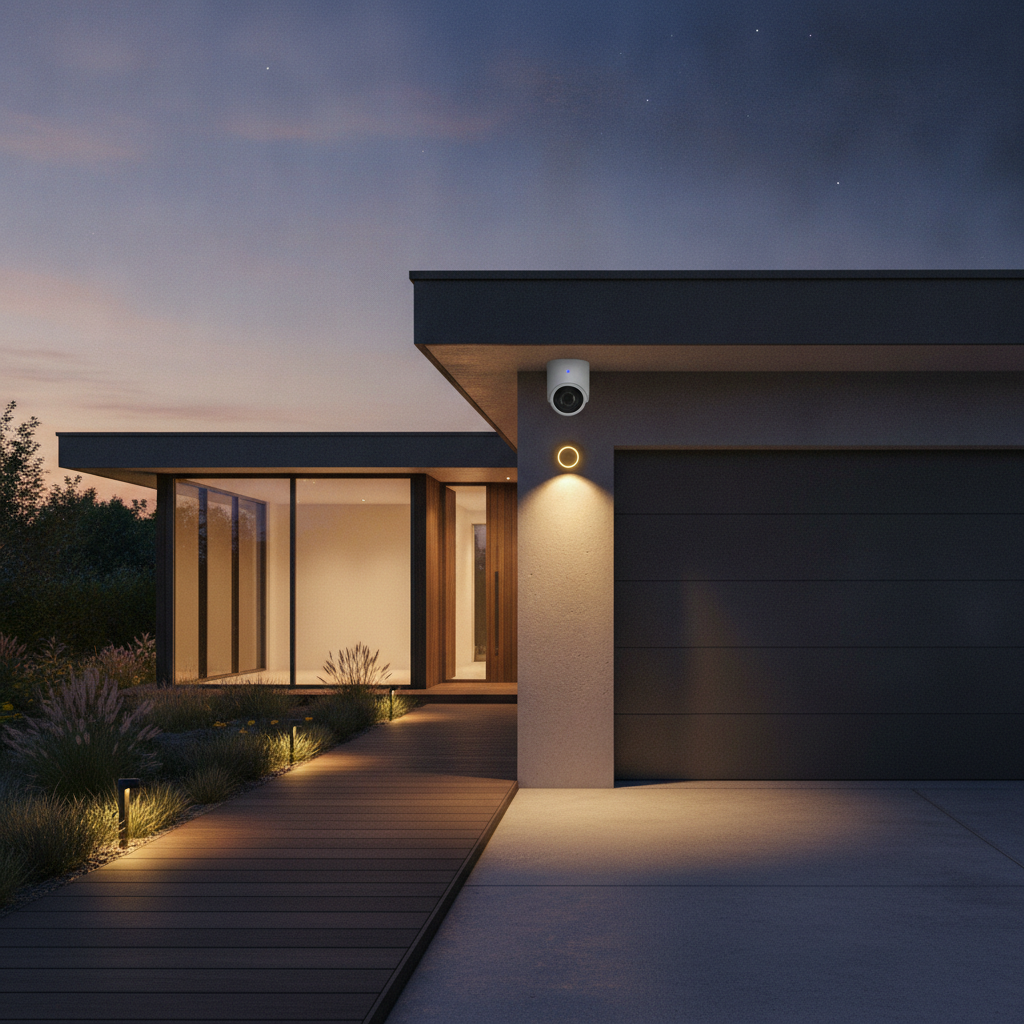 Smart security and lighting integration example at dusk with pathway lights, outdoor camera, and motion sensor glow