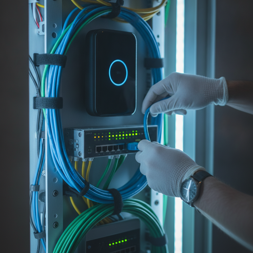 Close-up of a smart home hub and PoE switch during smart home system installation, tidy Ethernet cabling and labeled ports