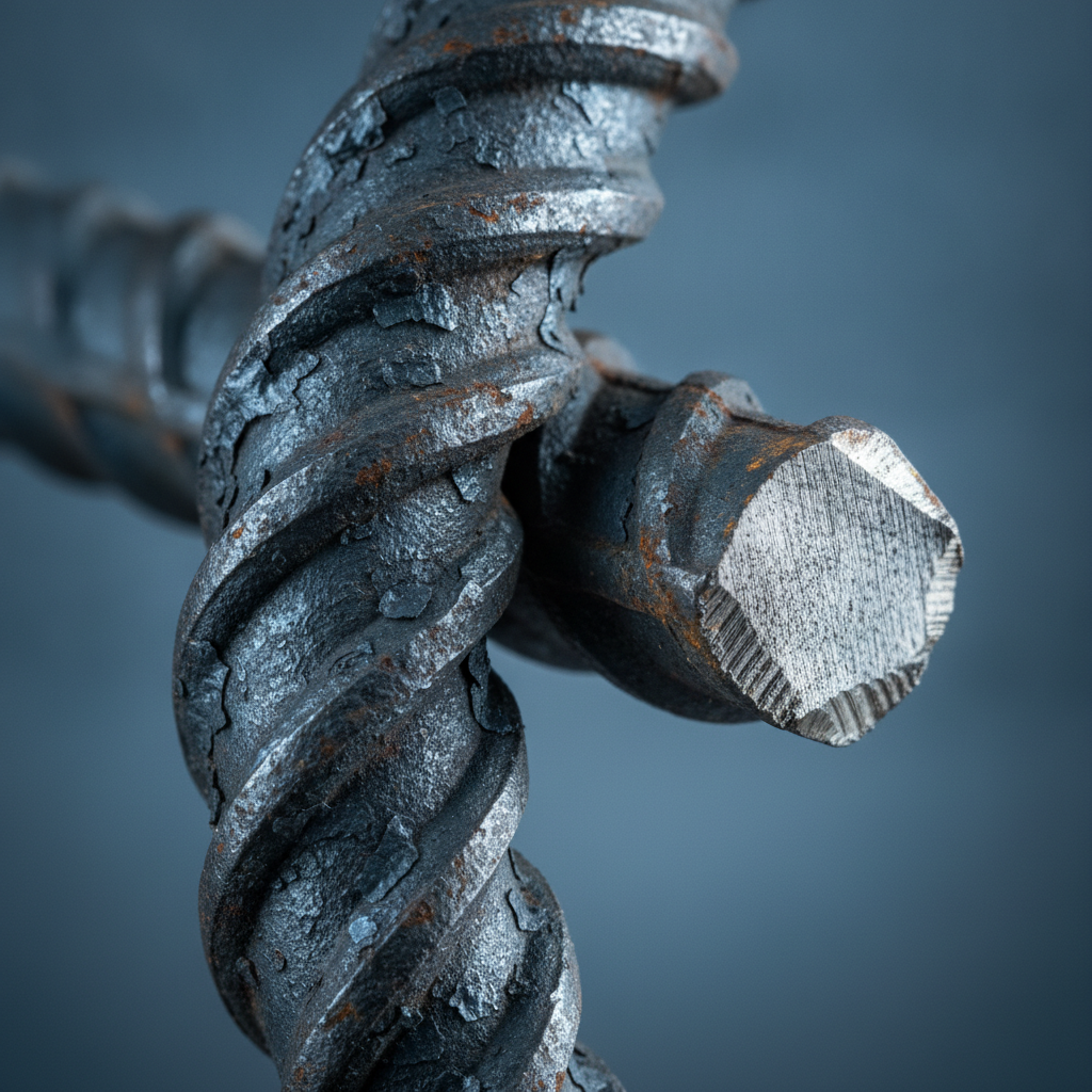 Close-up of ASTM A615 deformed rebar ribs for concrete reinforcement
