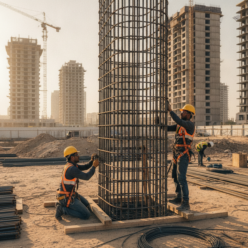Ironworkers tying an ASTM A615 rebar cage for a concrete column on site