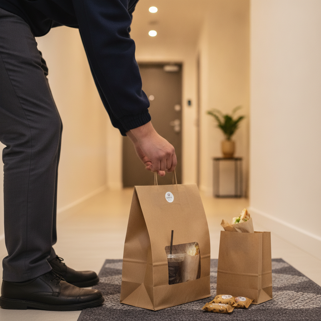 Courier placing a neatly packed delivery bag with beverages and snacks at a condo door in Downtown Calgary for a late-night order