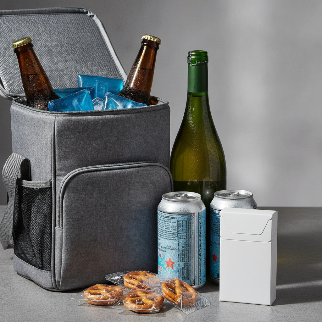 Close-up of chilled beer, wine, mixers, snacks, and sealed cigarette carton prepared for alcohol and cigarette delivery in Calgary