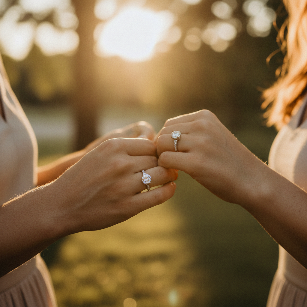 Lifestyle side-angle shot of a couple’s hands wearing coordinated lab-grown diamond wedding rings at golden hour