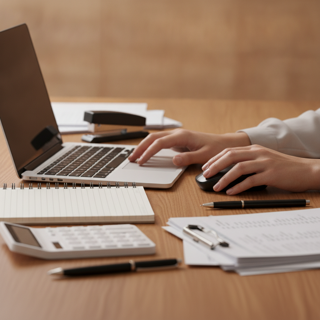 Close-up of hands managing payroll steps on a laptop with calculator and notebook, illustrating Single Touch Payroll workflow