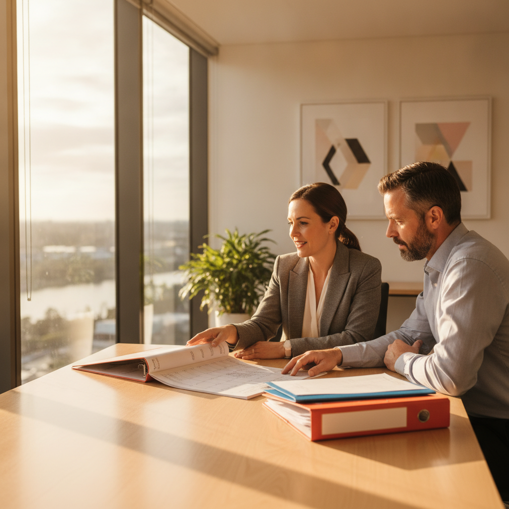 Accountant meeting a client in Parramatta office reviewing Single Touch Payroll compliance with calendars and folders