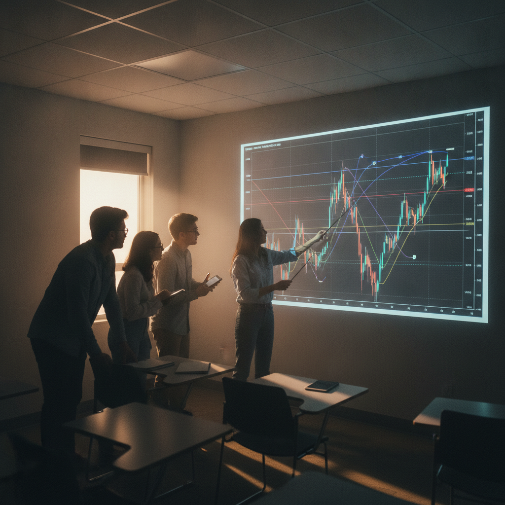 Group workshop at Proxima Learning analyzing technical analysis charts together in a collaborative classroom environment
