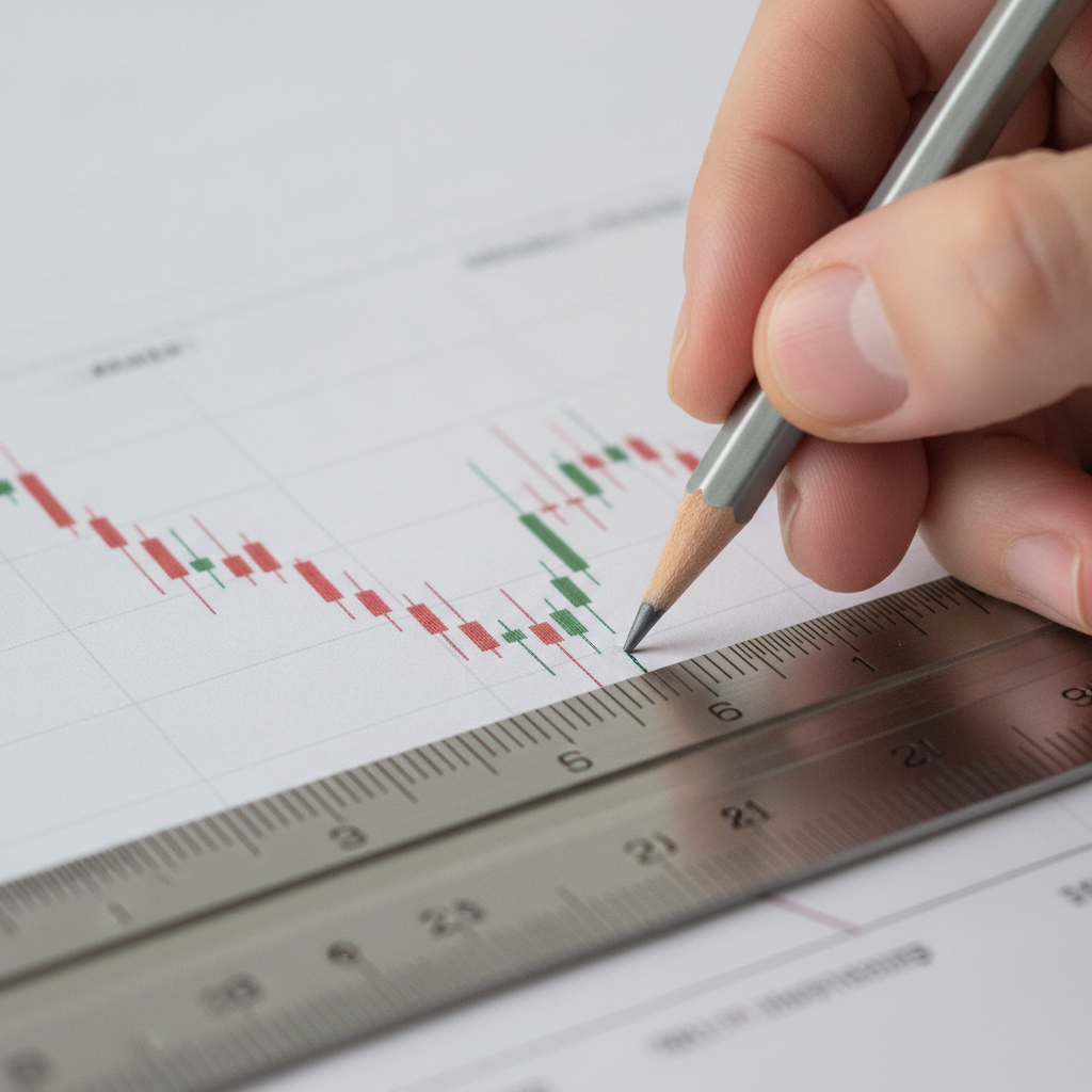 Close-up of drawing trendlines on a technical analysis candlestick chart using a ruler and pencil for precise entries and stop-loss planning