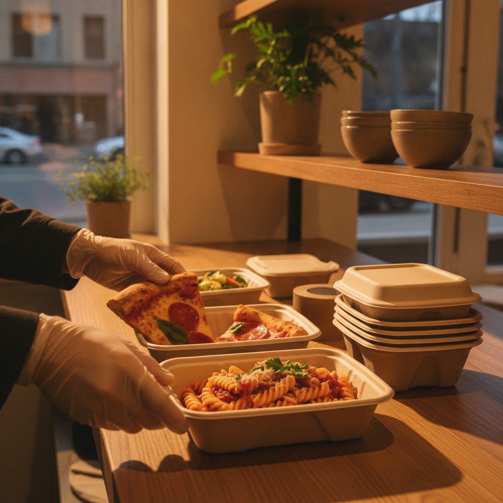 Takeout pizza and pasta being packed for pickup at a Baranow Italian restaurant specializing in main courses