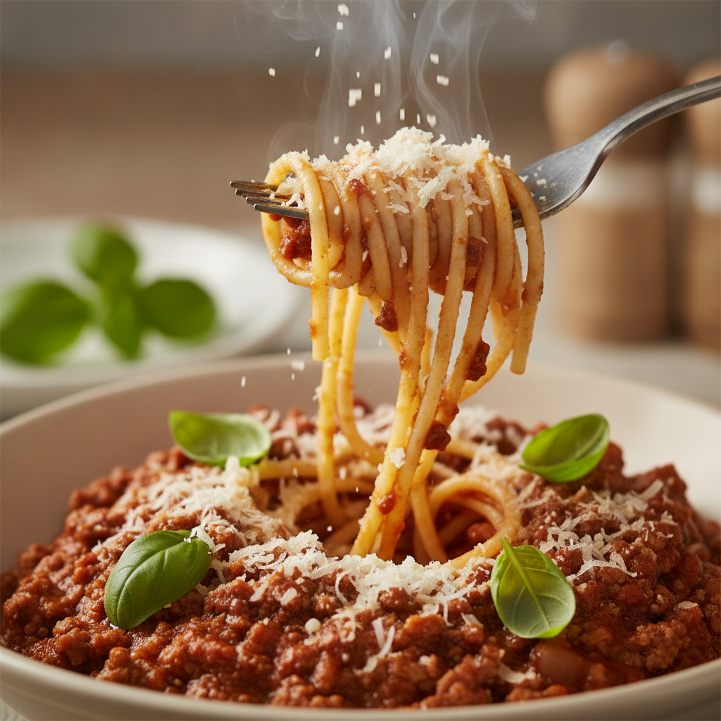 Close-up of spaghetti bolognese twirled on a fork, an iconic Italian cuisine main course at a Baranow Italian restaurant