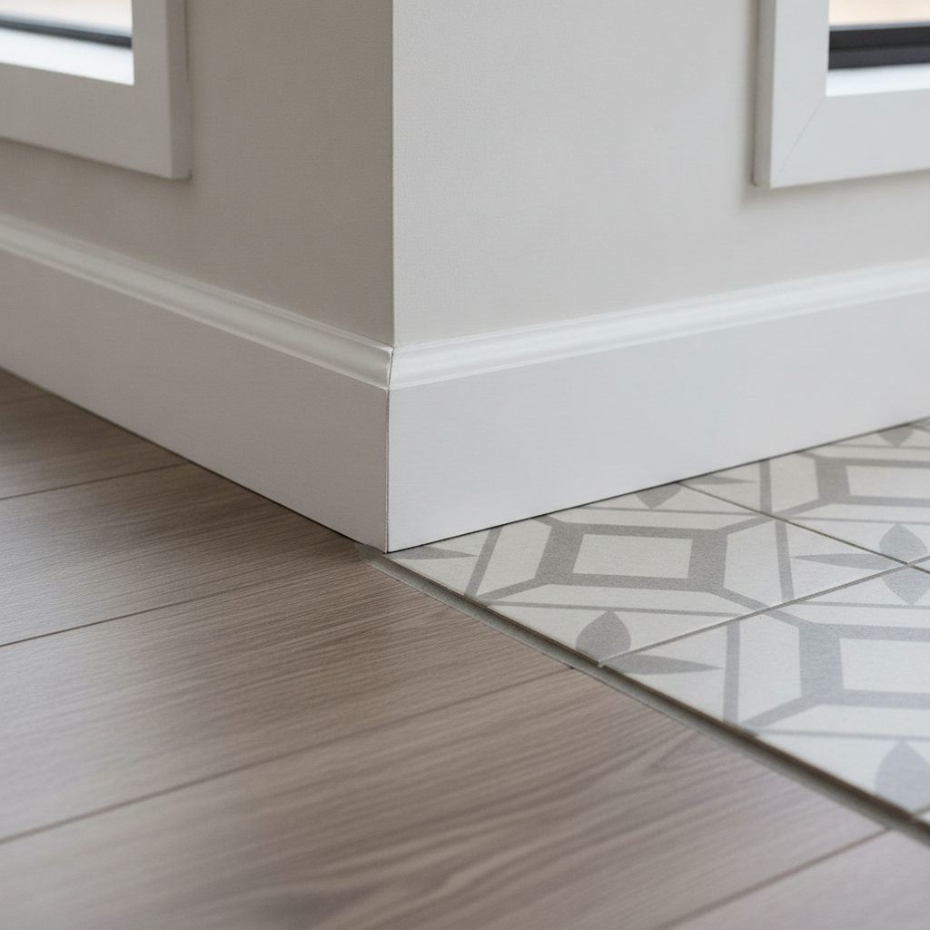 Detail shot of renovation craftsmanship for before-and-after renovation photos: crisp laminate-to-tile transition, clean baseboard, and paint edge