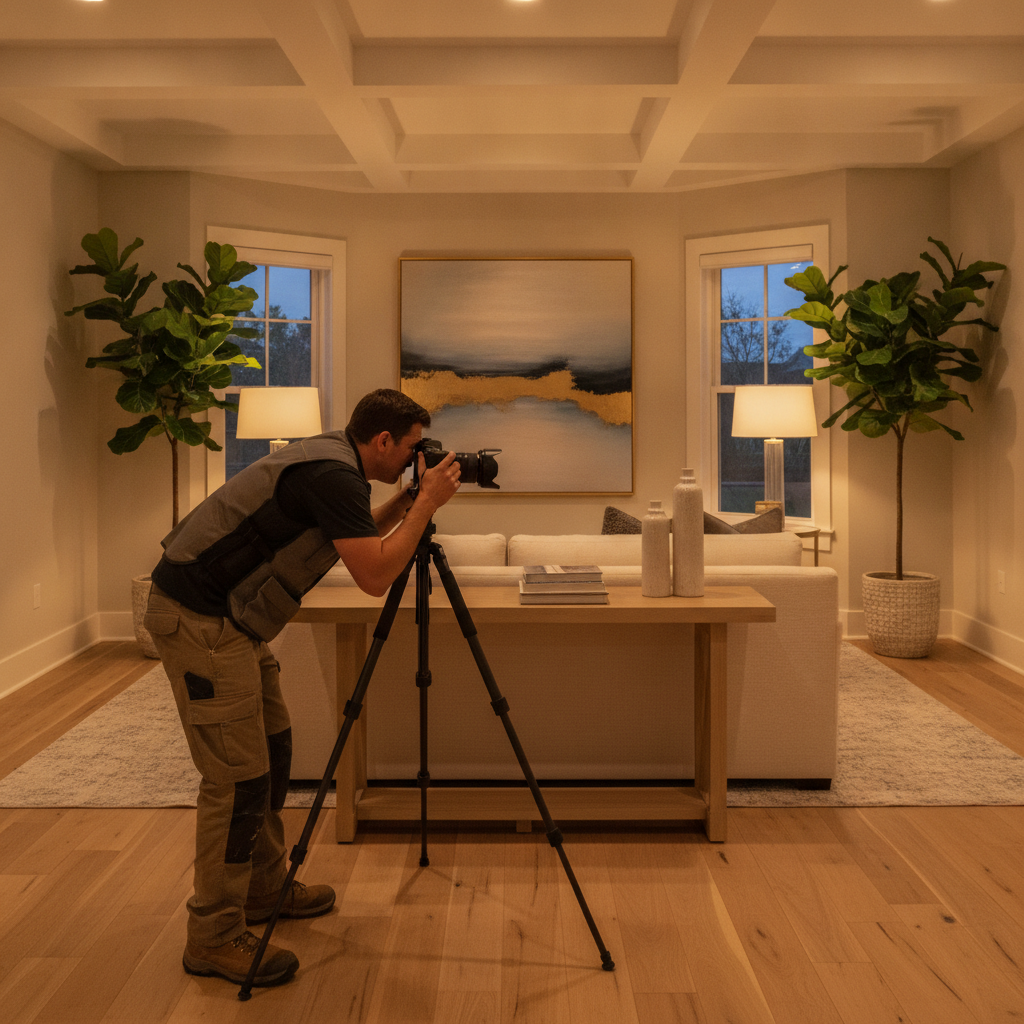 Contractor in The Meadows photographing a finished living room for a before-and-after renovation portfolio with tripod and warm evening lighting