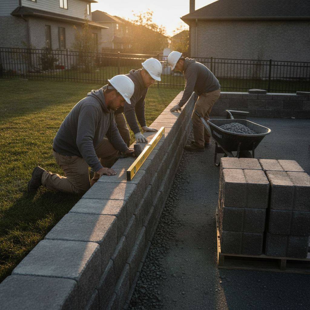 Landscape crew installing modular retaining wall blocks in Mississauga during GTA retaining wall project planning