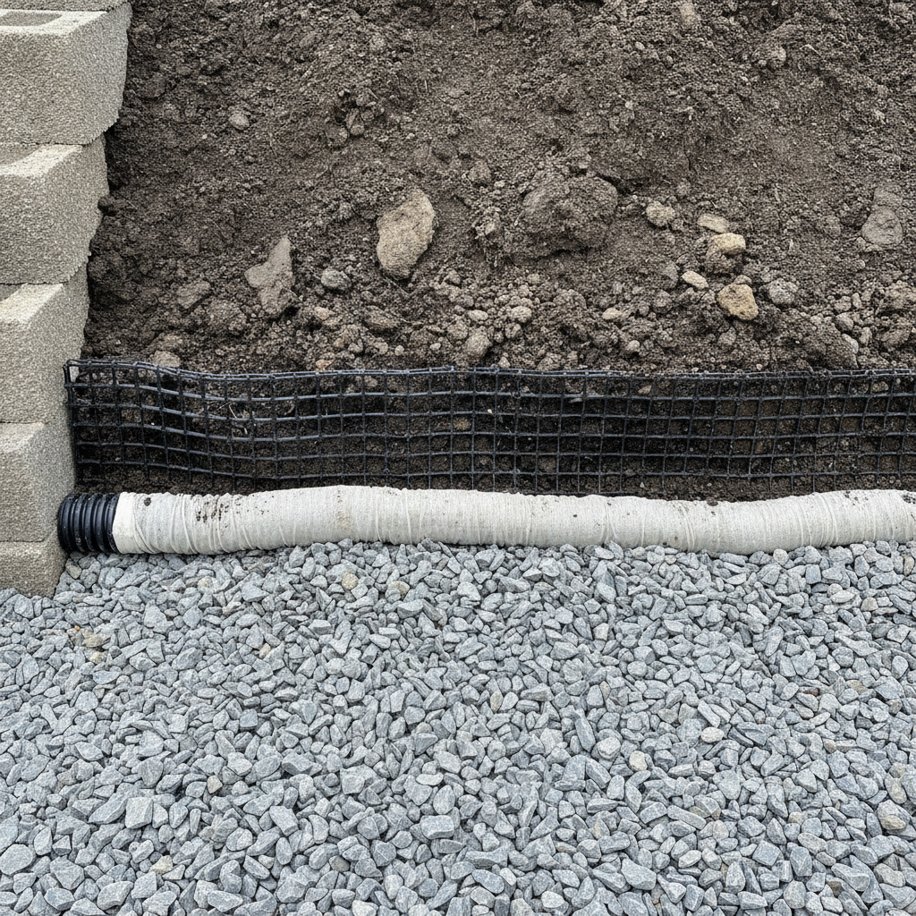 Close-up of retaining wall base with drain pipe and geogrid for GTA retaining wall project planning