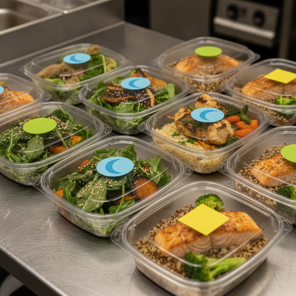 Individually packaged corporate meals with clear color-coded labels for dietary needs, ideal to book catering for office lunches