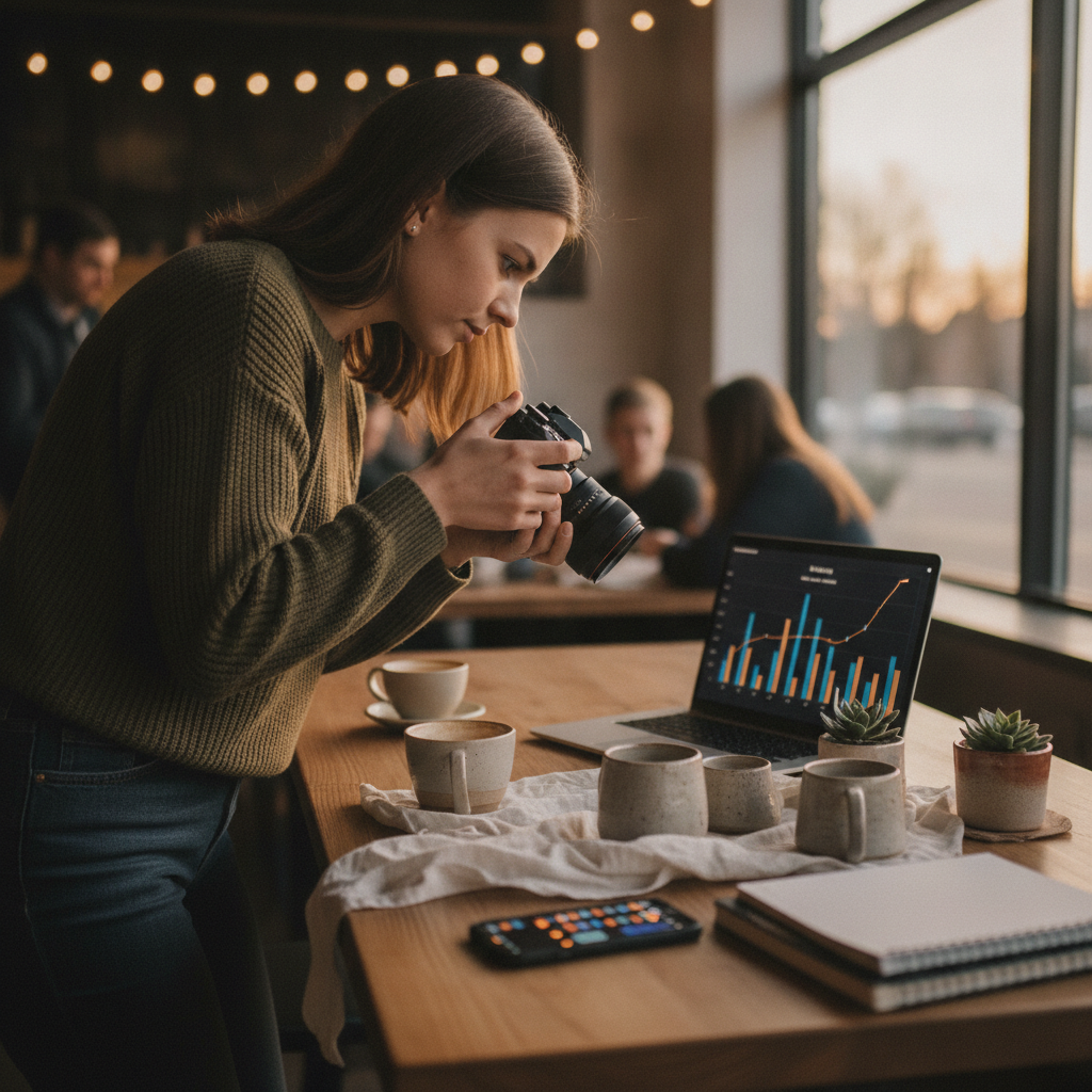 Small business owner capturing products while monitoring social media advertising analytics on a laptop