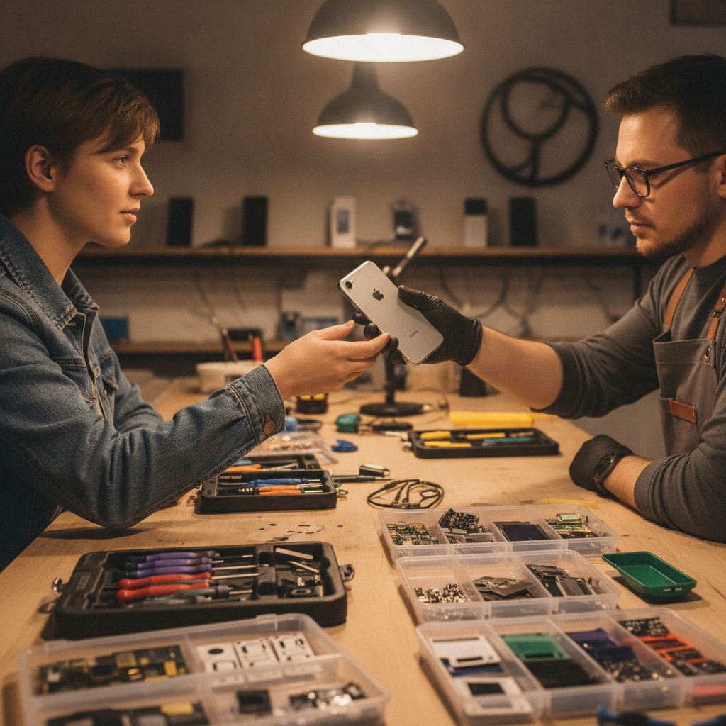 Customer handing an iPhone with cracked display to a repair technician at TechBrotherz in Calgary for screen replacement assessment