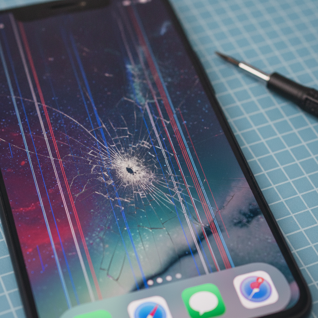Close-up of iPhone screen cracks, color bleed, and vertical lines showing clear iPhone screen replacement signs in Calgary Southview