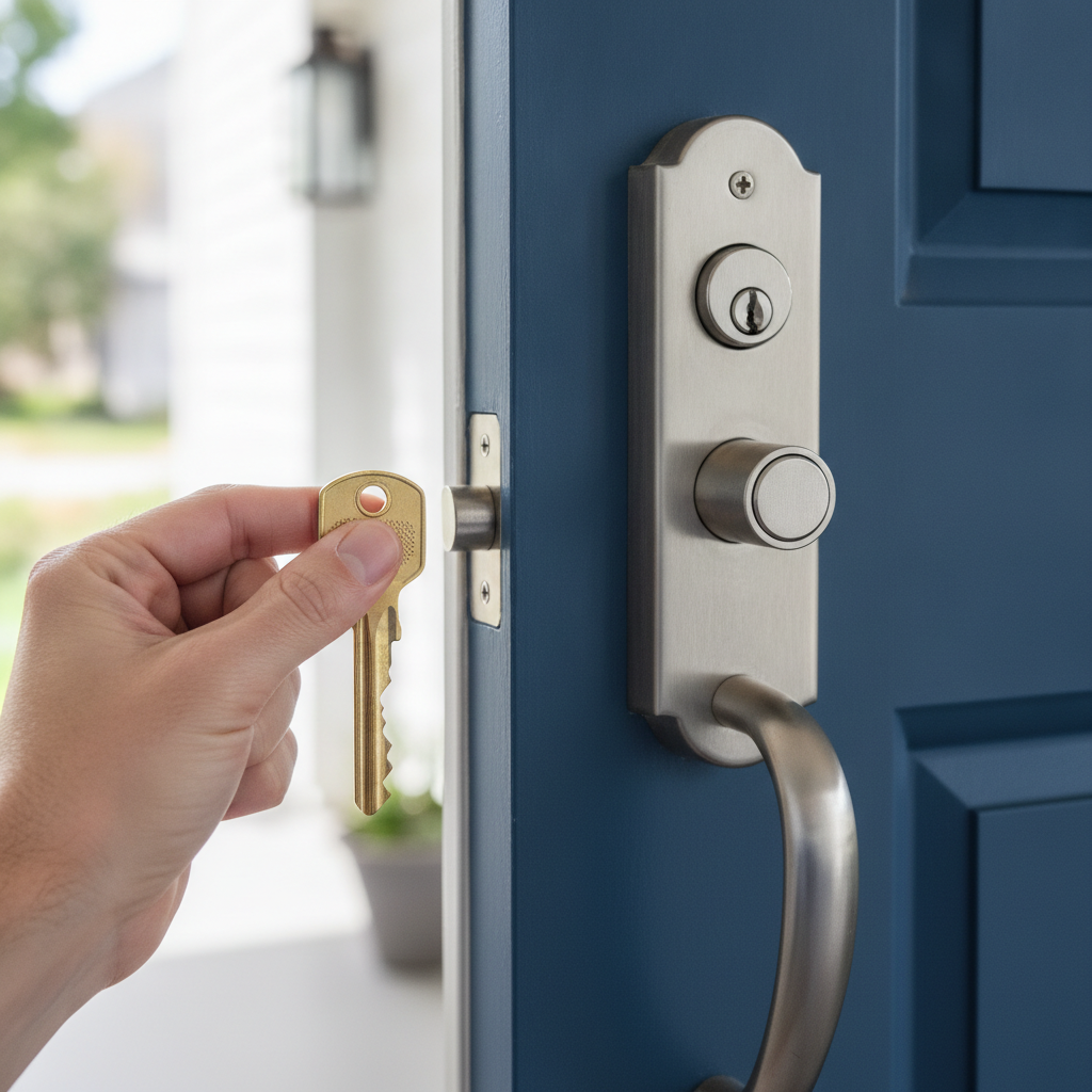 Close-up of keys at a new home door, representing closing on homes for sale in Edmonton