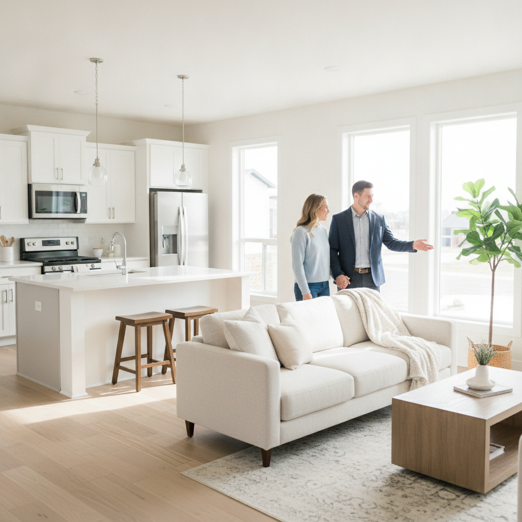 Touring a bright Edmonton showhome with a real estate agent, illustrating the buying process