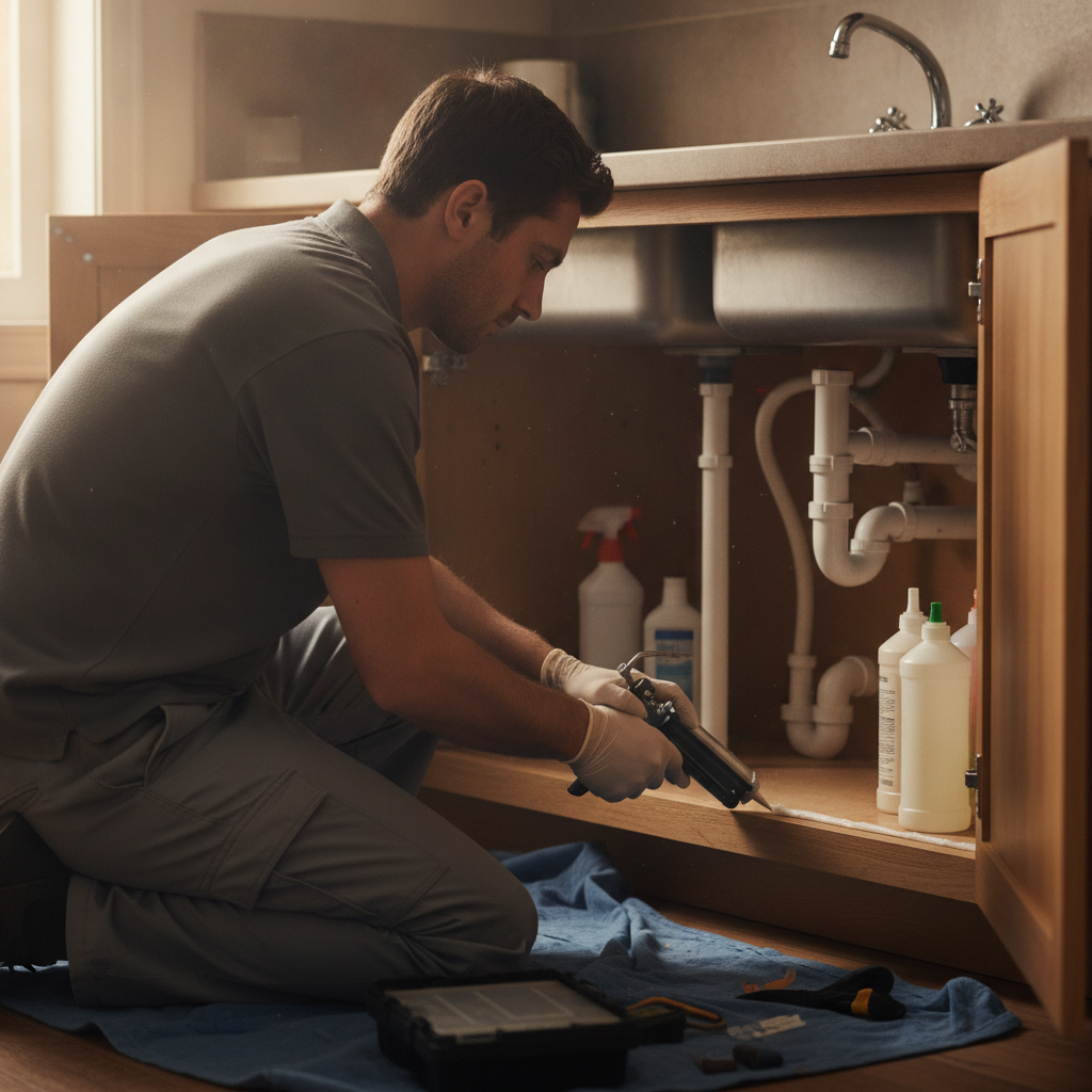 Technician sealing gaps under a kitchen sink to prevent cockroach entry and improve cockroach control results