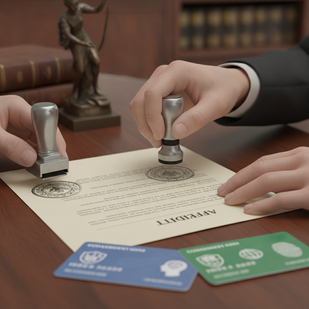 Notary public stamping an affidavit of common law marriage with government IDs visible on the desk in an Etobicoke office