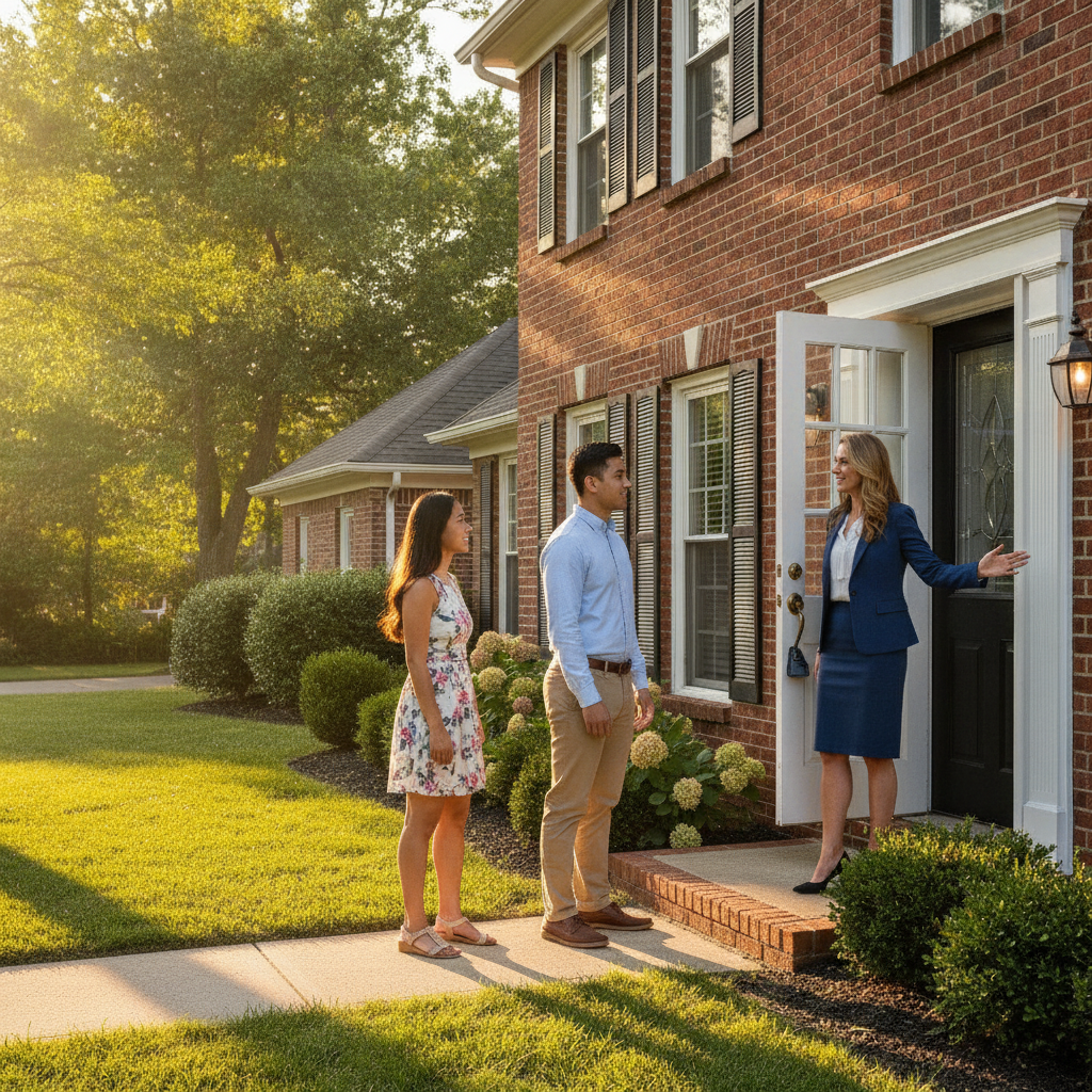 Realtor opening a suburban Ontario home for clients during golden hour, illustrating in-person negotiation support and showing readiness